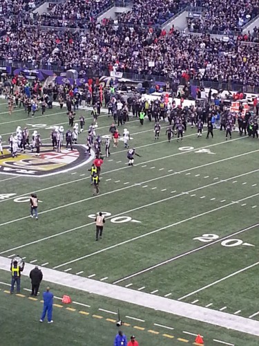 Ray Lewis celebrates the Ravens 24-9 playoff win over the Colts and his last play at the Bank in a Ravens uniform.