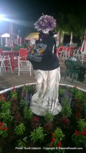Every year the statue gets dressed in Ravens garb.